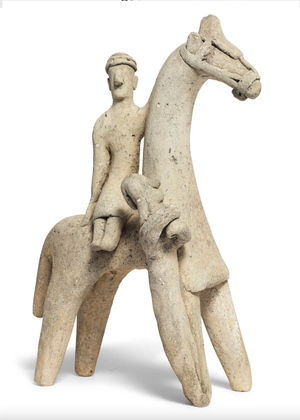 Large horse and side-saddle rider with groom,